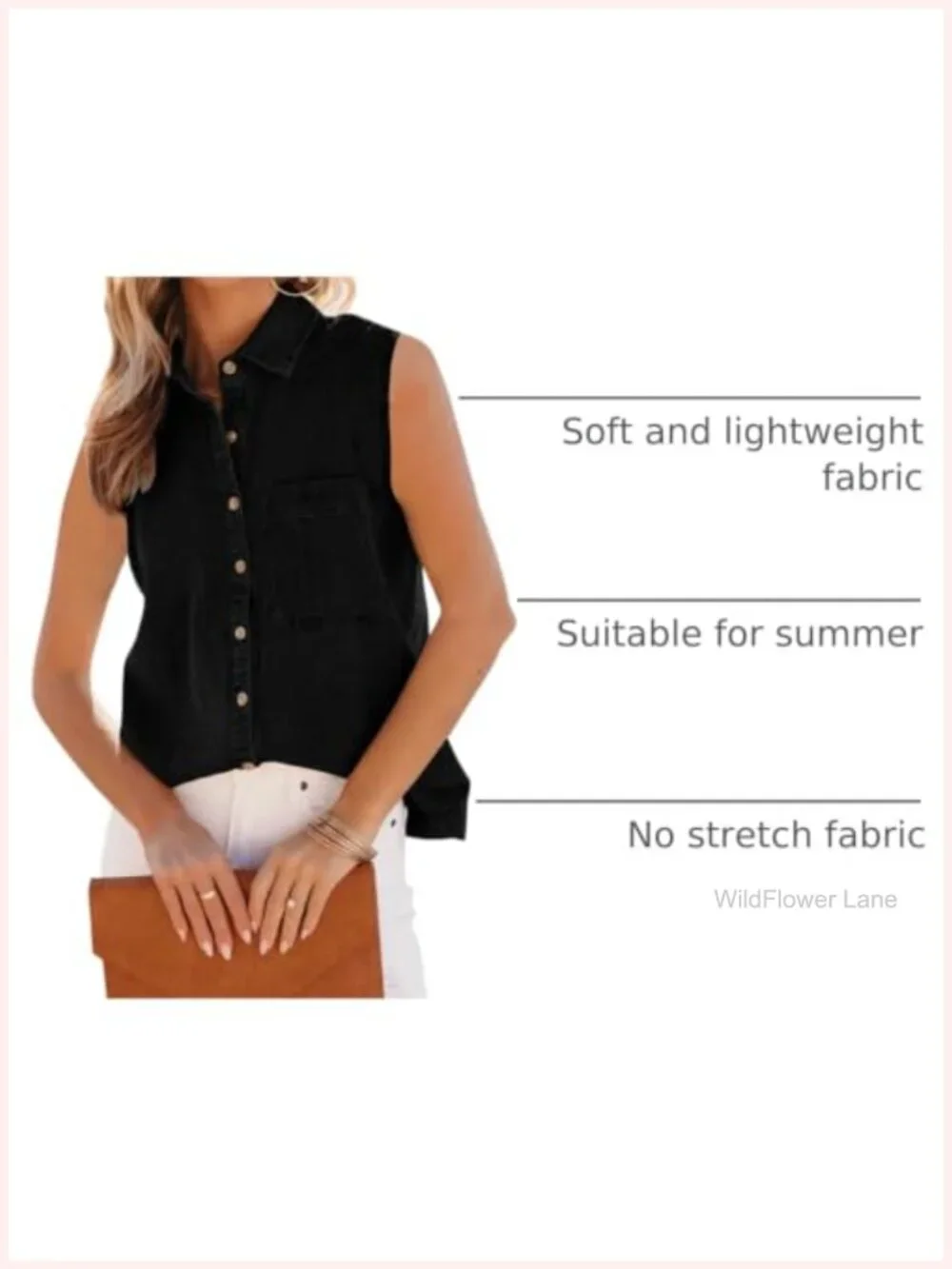 Womens Denim Tank Top V Neck Button Down Collared Sleeveless Casual Blouse